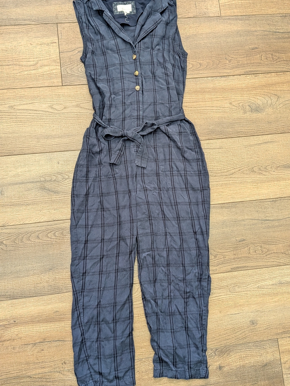 Anthropologie Navy Plaid Sleeveless Jumpsuit with Tie Belt
